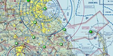 A detailed sectional aeronautical chart showing airspace, navigation aids, and airports.